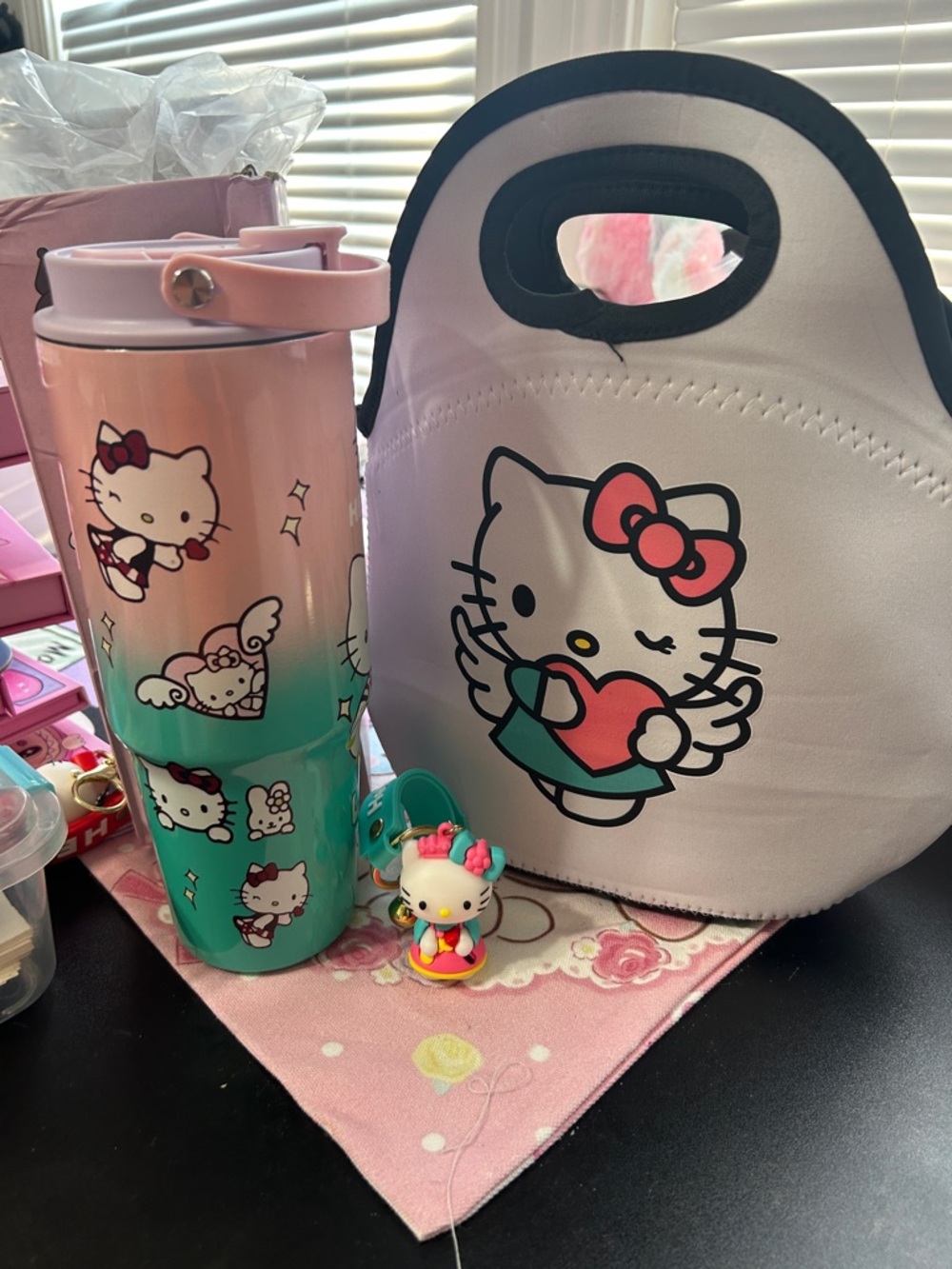Hello Kitty Pink and Teal Ombre Tumbler with hello Kitty lunch bag & keychain